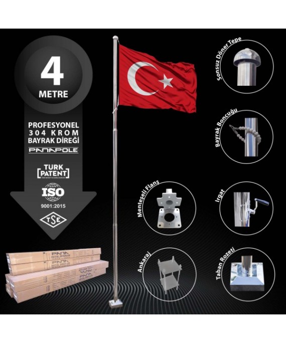 4 Metre Paslanmaz Krom Profesyonel Bayrak Direği