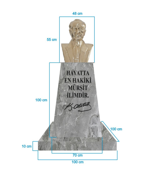 Atatürk Büstü (55cm Pirinç)+ Kaide (100cm)+ Alt Tabla (100x100cm) Mermer Desenli Gri