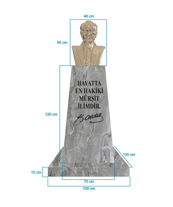 Atatürk Büstü (55cm Pirinç)+ Kaide (120cm)+ Alt Tabla (100x100cm) Mermer Desenli Gri