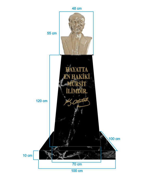 Atatürk Büstü (55cm Pirinç)+ Kaide (120cm)+ Alt Tabla (100x100cm) Mermer Desenli Siyah