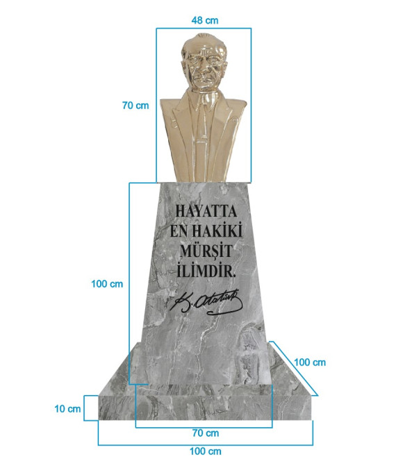 Atatürk Büstü (70cm Pirinç)+ Kaide (100cm)+ Alt Tabla (100x100cm) Mermer Desenli Gri