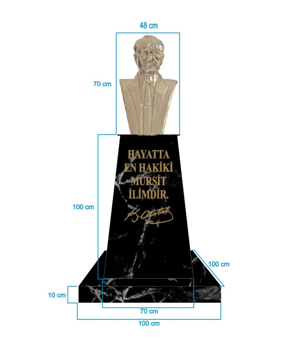 Atatürk Büstü (70cm Pirinç)+ Kaide (100cm)+ Alt Tabla (100x100cm) Mermer Desenli Siyah