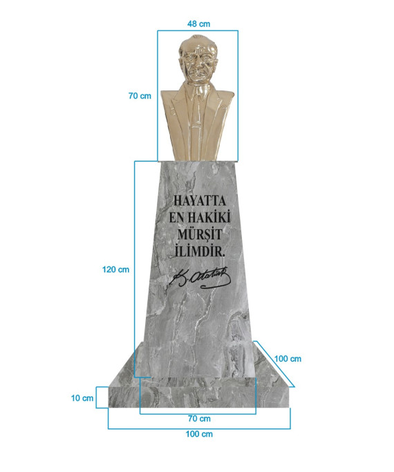 Atatürk Büstü (70cm Pirinç)+ Kaide (120cm)+ Alt Tabla (100x100cm) Mermer Desenli Gri