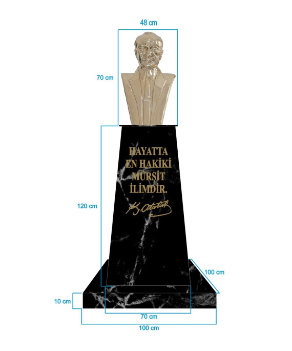 Atatürk Büstü (70cm Pirinç)+ Kaide (120cm)+ Alt Tabla (100x100cm) Mermer Desenli Siyah